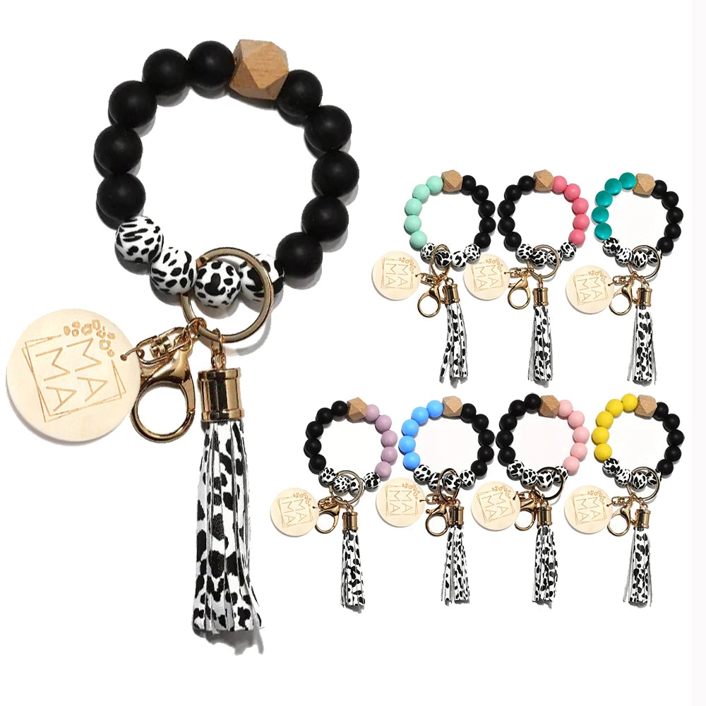 Silicone Beaded Bracelets Keychain for Women Cute Boho Tassel Car Wristlet Bangle Keyring with MAMA Round Wooden Pendant