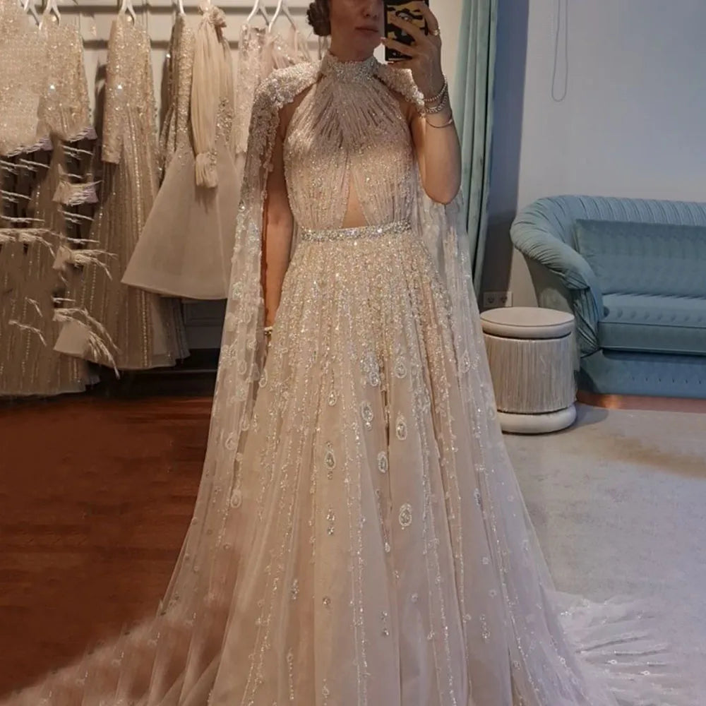 Scz009 Luxury Dubai Evening Dress With Cape Sleeve 2023 Elegant Long Arabic Formal Dresses for Women Wedding Party
