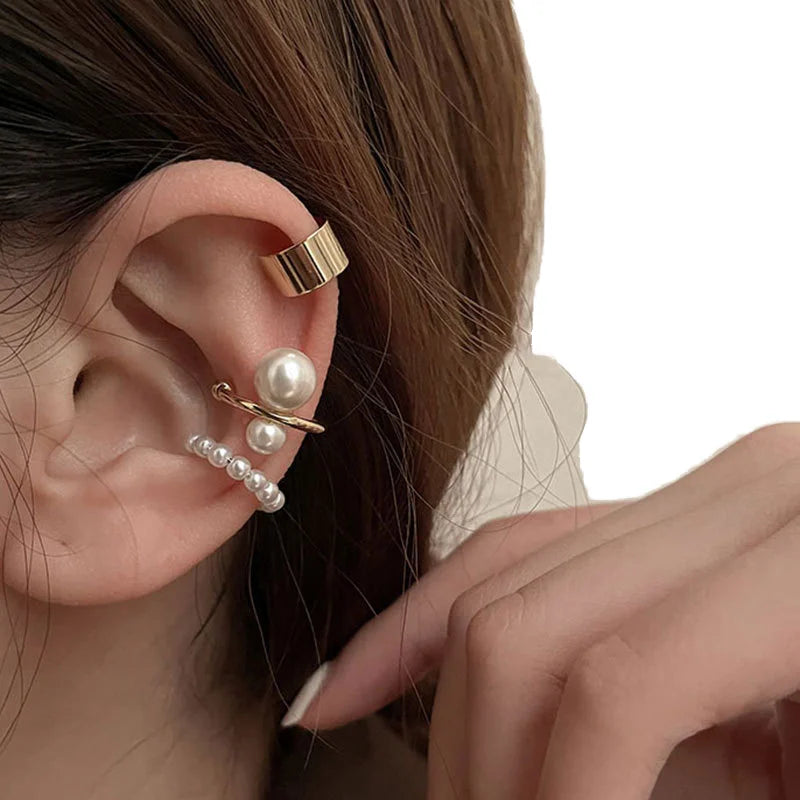 HOVANCI New Fashionable Gold-Plated Brass Ear Clips Trendy Korean Pearl Ear Cuff Earrings for Women for Parties and Weddings