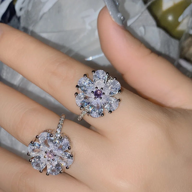 DAIHE Wholesale Price Luxury Design Pink Diamond Flower Adjustable Ring Fashion Jewelry Ring