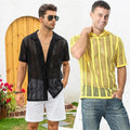 Mens Transparent Crochet Lace Shirts See Through Fishnet Blouse Hooded Tee Mesh tank Top Summer Hoodie Hawaiian Shirt