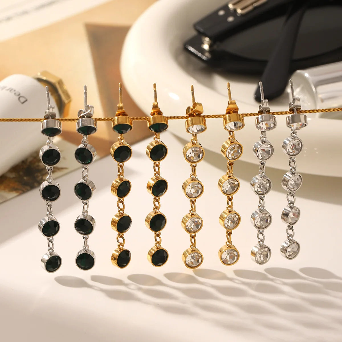 Wholesale 18k Gold-Plated Stainless Steel Drop Earrings with Long Tassel Design Luxurious Colored Zircon Pendant for Women