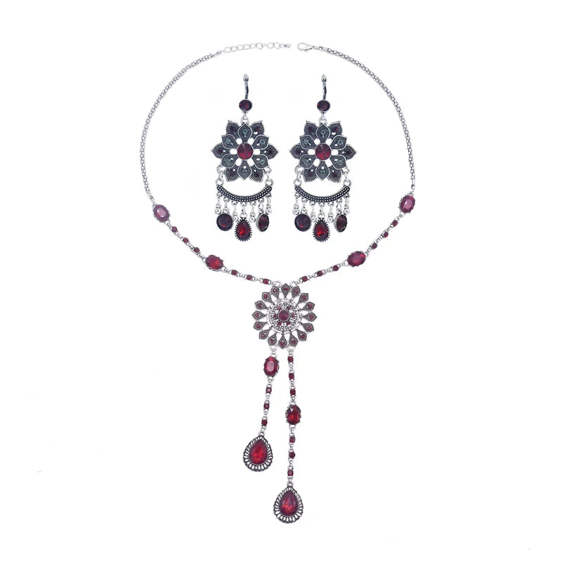 Bohemian Colored Gems Set Hollow Tassel Necklace Earrings Set Fashion Atmosphere Inlaid Ethnic Jewelry