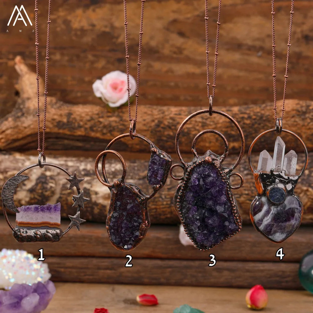 Raw Druzy Amethyst Pendant Necklace Bohemian Crystal Chakra Heart Point Bead Necklaces for Party Wedding Birthday Gift Idea