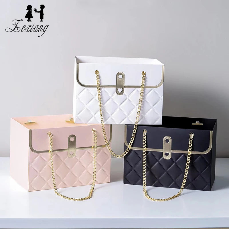 Zexwrap America New Luxury Gold Edge Flower Bag Box with Long Tote Gold Chain