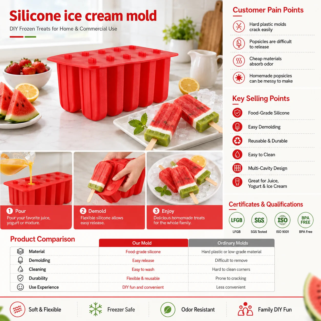 Custom Logo BPA Free Food Grade Silicone Ice Cream Mold Popsicle Maker With Sticks OEM ODM Reusable DIY Ice Pop Mould