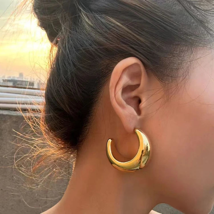 G2608 Wholesale Pendientes De Moda Stainless Steel 18K Gold Plated Chunky Hollow Out Moon Hoop Stud Earrings Fashion Jewelry
