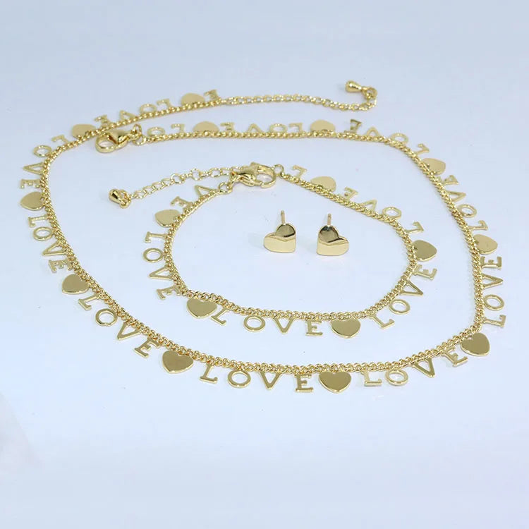 S11170 Unique 18k Gold Plated Love Heart Disc Dangle Charms Station Necklace Earring Women Accessories Jewelry Sets