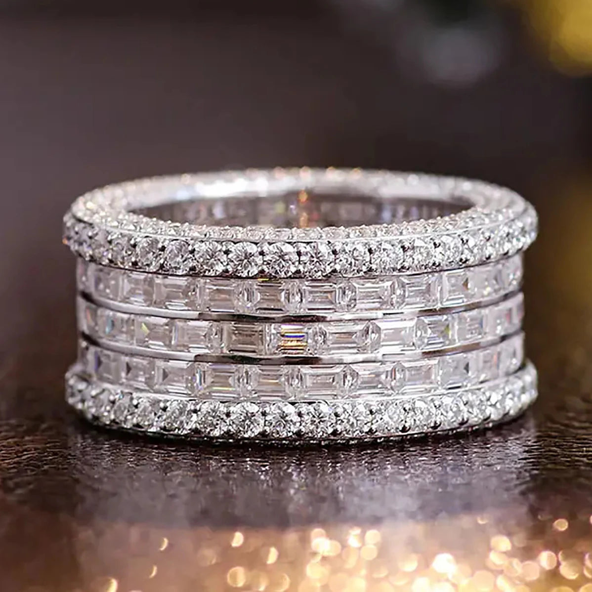 CAOSHI Factory Custom Geometric Design Full Inlaid Cubic Zirconia Band Rings for Wedding Engagement Silver Plated CZ Rings Women