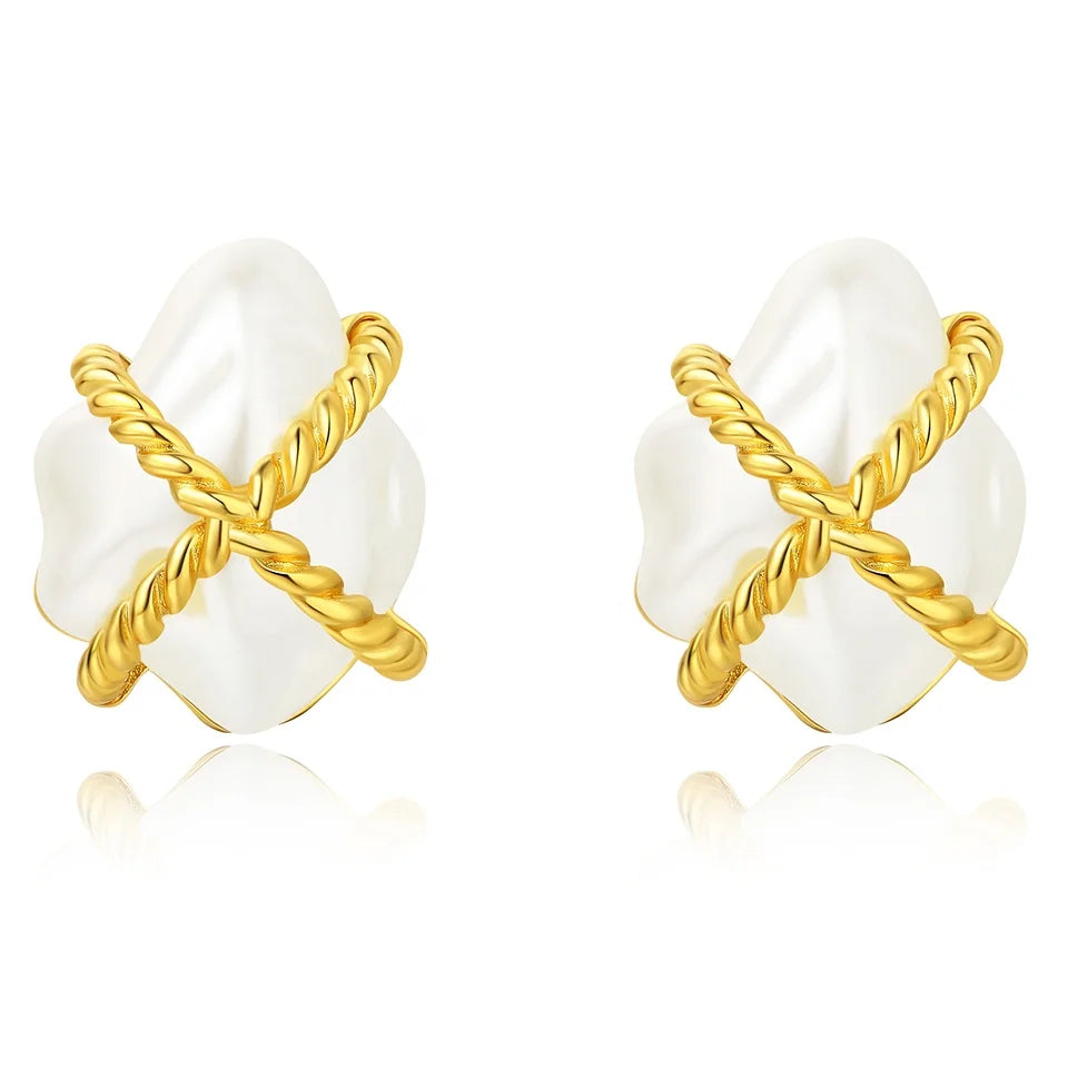 French Vintage-Style Brass-Plated Cream Clouds with Irregular Baroque Pearls Earrings