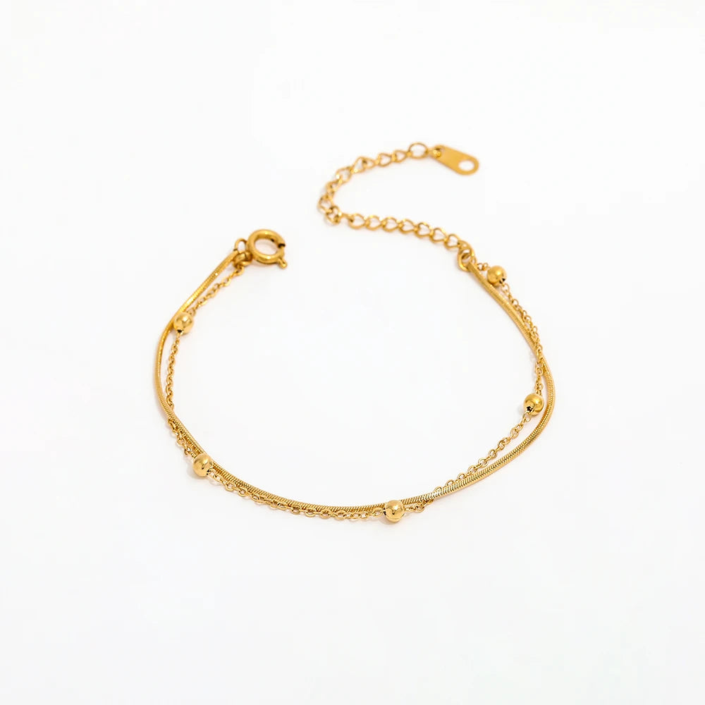 High End Gold Plated Stainless Steel Double-layer Snake Chain Beads Satellite Bracelet for Women Wholesale Jewelry