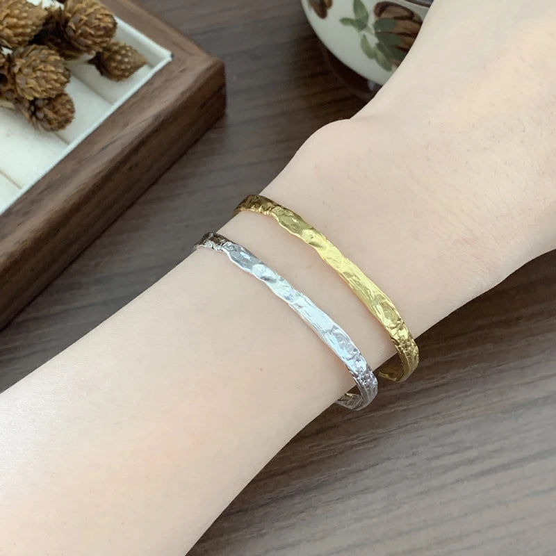Vintage 925 Sterling Silver Irregular Concave Convex Gold Foil Pattern Bangle for Women Fine Jewelry