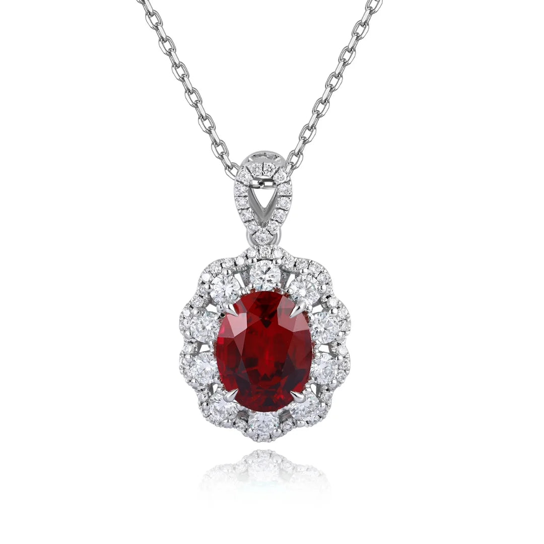 Luxurious Luster Jewellery Platinum  PT950 Lab-Created Oval Cut Diamond & Ruby Pendant (Chain Not Included)for Women