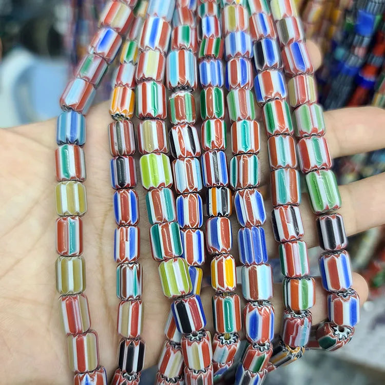 GP0904 Tribal Nepalese Vintage Mixed Handcrafted Chevron Glass Beads African Trade Bead Strand Striped Layer Chevron Tube  Beads