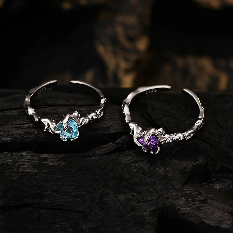 Trendy Lava Texture Gemstone 925 Sterling Silver Finger Rings CZ Crystal Love Heart Shape Silver Rings Jewelry for Women Girls