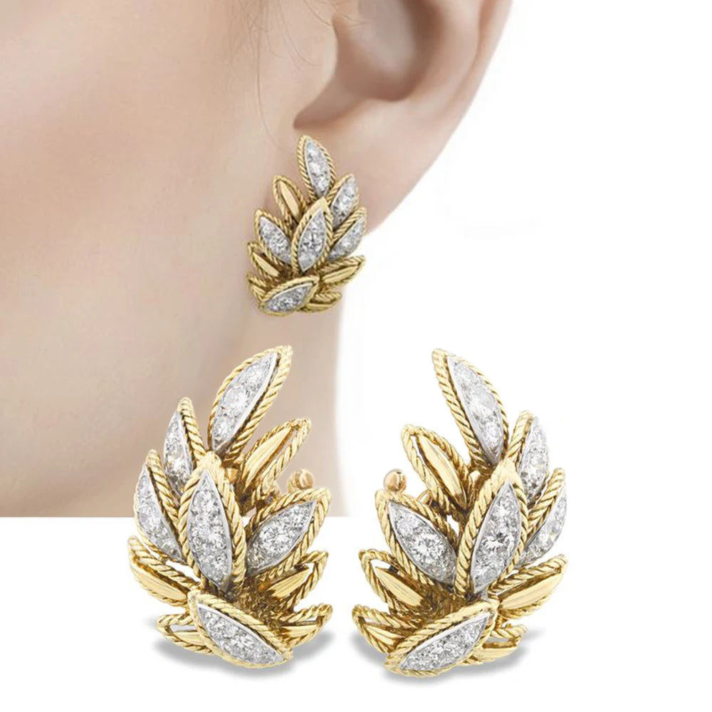 CAOSHI Gorgeous Leaves Design Stud Earrings Women Two Tone Luxury Pave Dazzling CZ Aesthetic Female Earrings for Wedding Jewelry