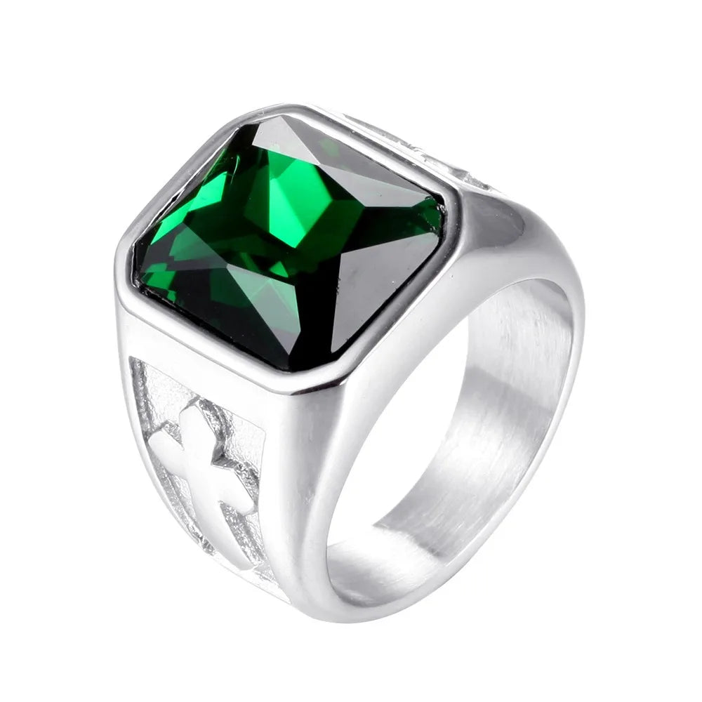 Simple Retro Cross Titanium Stainless Steel 925Sterling Silver Plated Green Red Blue Square Diamond Inlaid Gemstone Ring Men