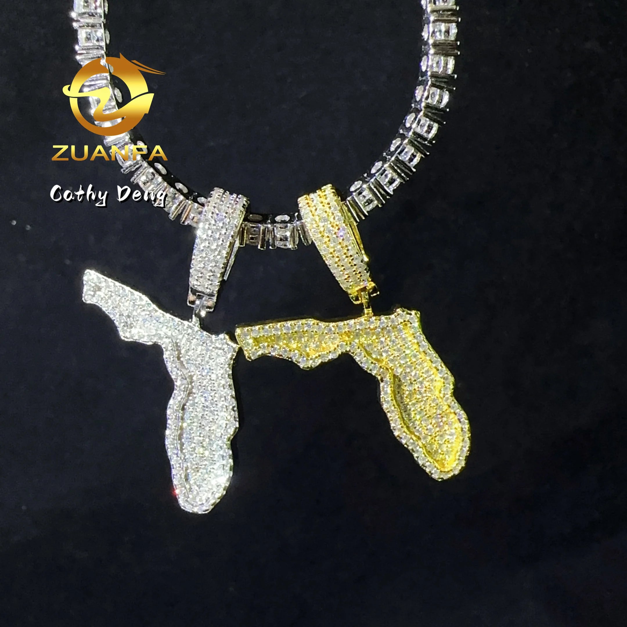 Hot Sale Hip Hop Pendant for Men VVS Moissanite Diamond Iced Out Custom Florida Map Pendant for Necklace Chain