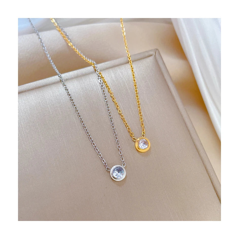 ERESI 18K PVD Gold Plated Stainless Steel Jewelry Simple Round Cubic Zirconia Dainty Design Pendant Necklace for Girl