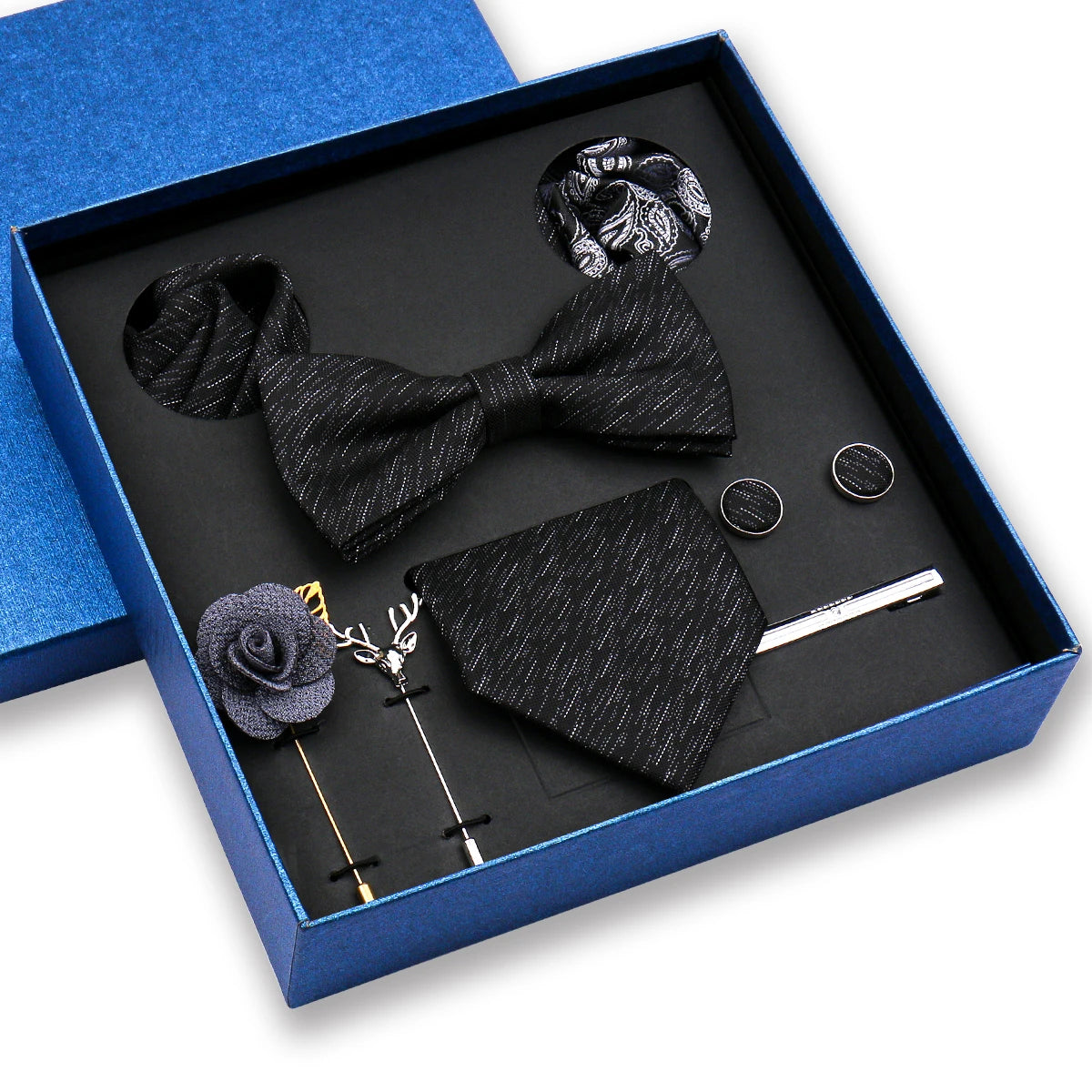 Men's Polyester Tie Set Fashion Brand Includes Bowtie Pocket Squares Cufflinks-8pcs Suit Business Wedding Parties-Gift Boxed