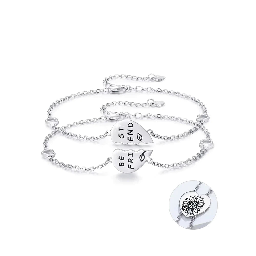 Two Pieces Friendship Jewellery 925 Sterling Silver Engraved Best Friend Letter Sunflower Chain Bracelet