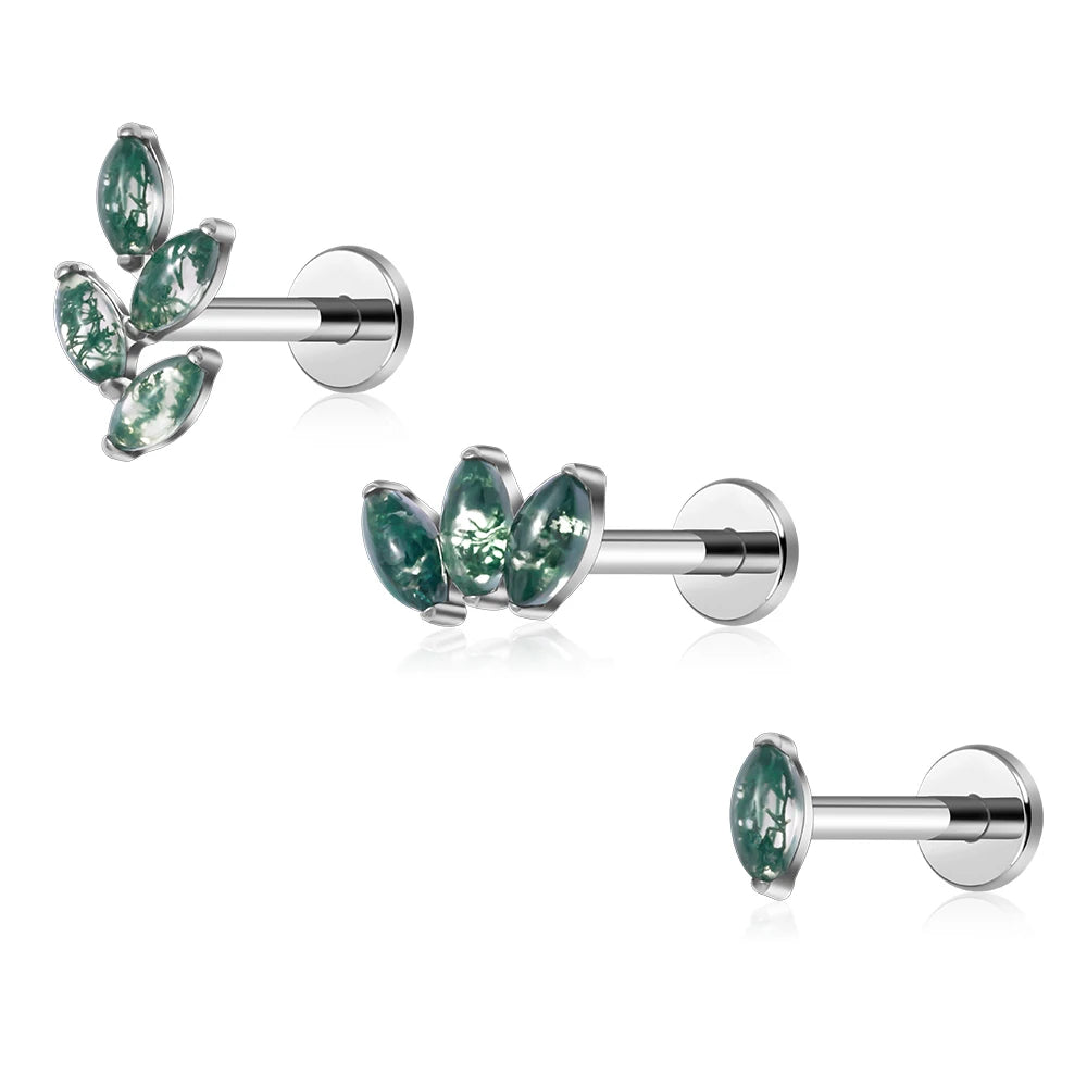 New Wholesale ASTM F136 Titanium Internal Threaded Claw Setting Moss Agate Labret Cartilage Helix Earrings Body Piercing Jewelry