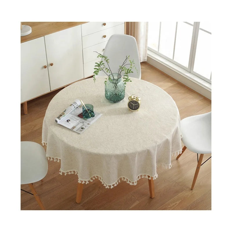 Ivory Tassel Woven Cotton Linen Table Cover Dust-Proof Machine Washable Country Style All-Season Indoor/Outdoor Living Room Use