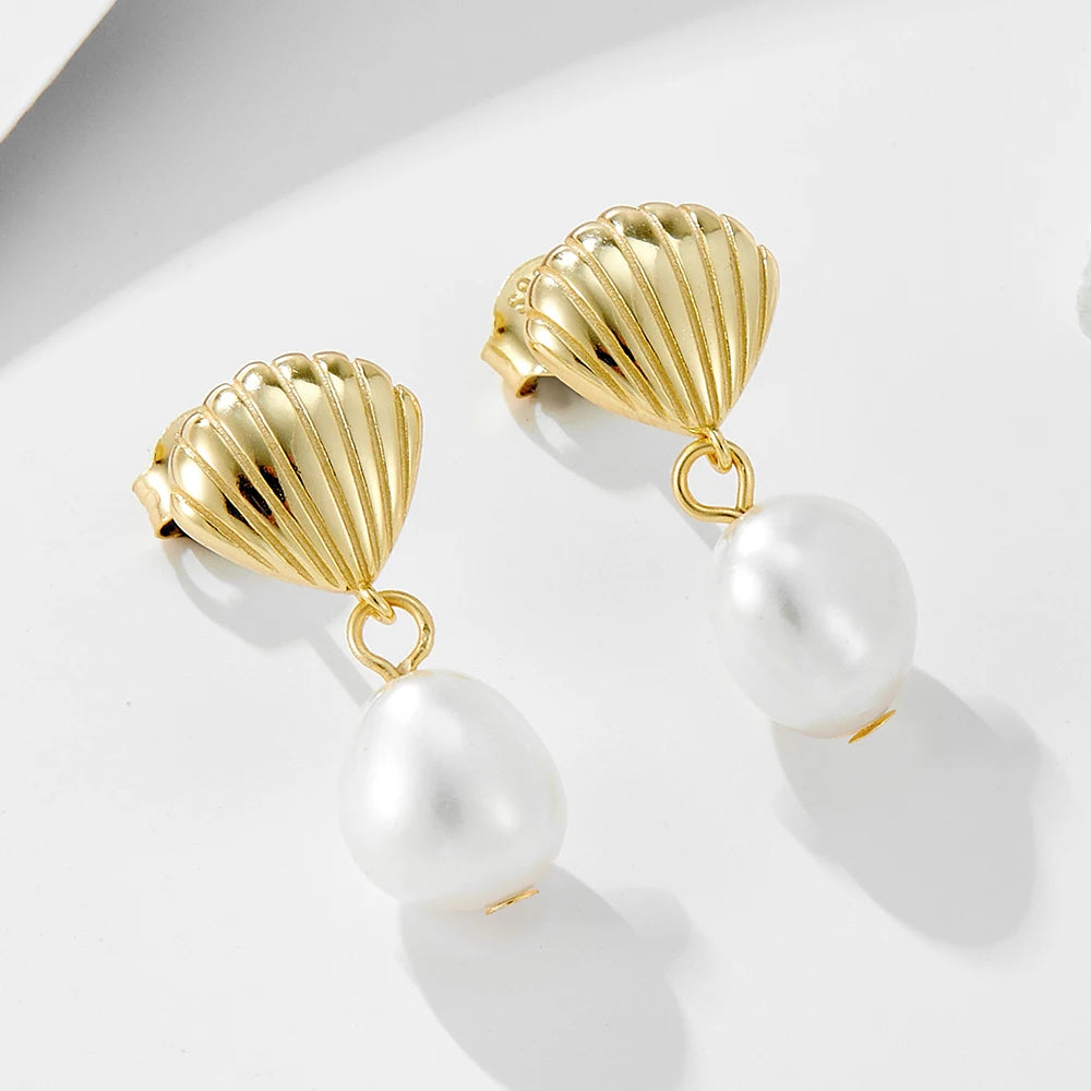 Wholesale Vintage Irregular Pearl Earrings 925 Sterling Silver Gold Plated Natural Freshwater Pearl Shell Drop Earrings