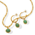 Retro Natual Stone Stainless Steel Jewelry Sets 14k Gold Figaro Chain PVD Plating CC Hoop Earrings Green Agate Pendant Necklace