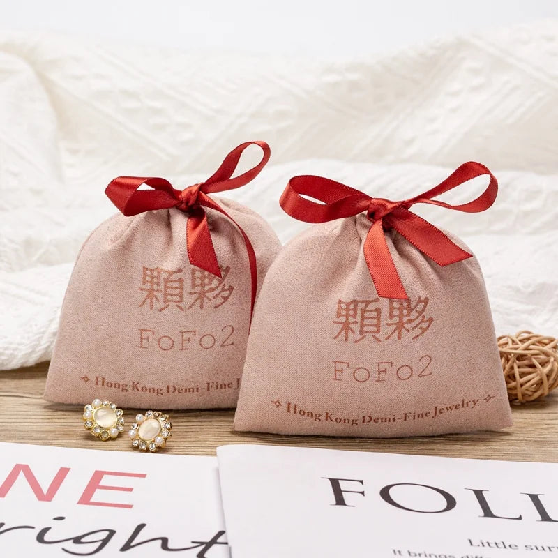 High Quality Custom Logo Printing Pink Velvet Suede Gift Drawstring Packaging Bag Soft Suede Cosmetic Jewelry Pouch Recyclable
