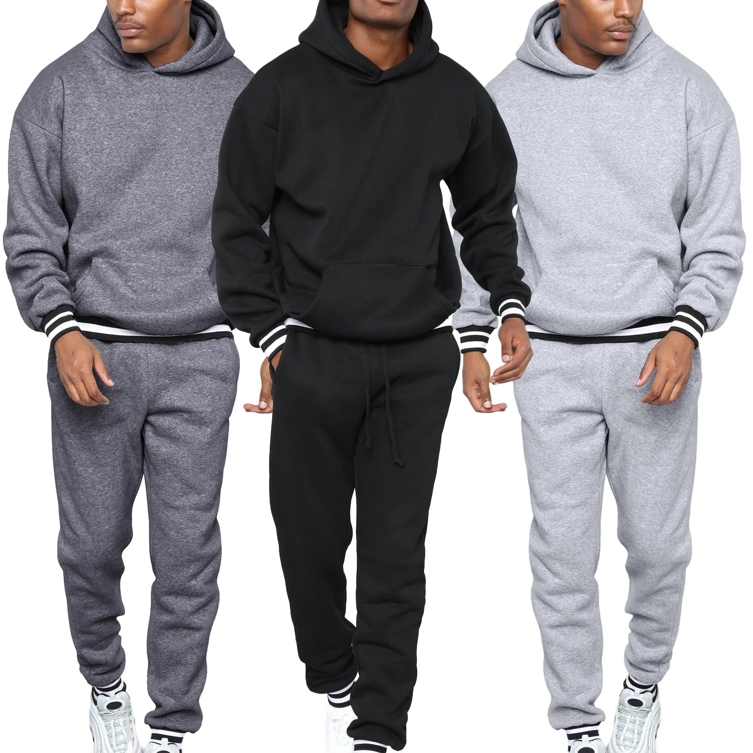 Custom Fashion Men's Heavy Fleece Hoodie Men High Quality Fashion Solid Color Pullover Men Joggers Suits Set Bulk