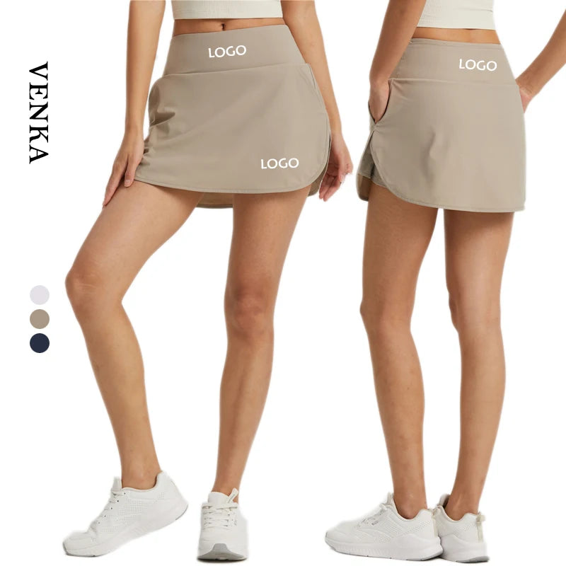 Women's High Waist Tennis Skirt Ruffle Decorations Anti-Exposure Fake Two Pieces Loose Pockets for Sports Yoga Fitness MOQ 2pcs