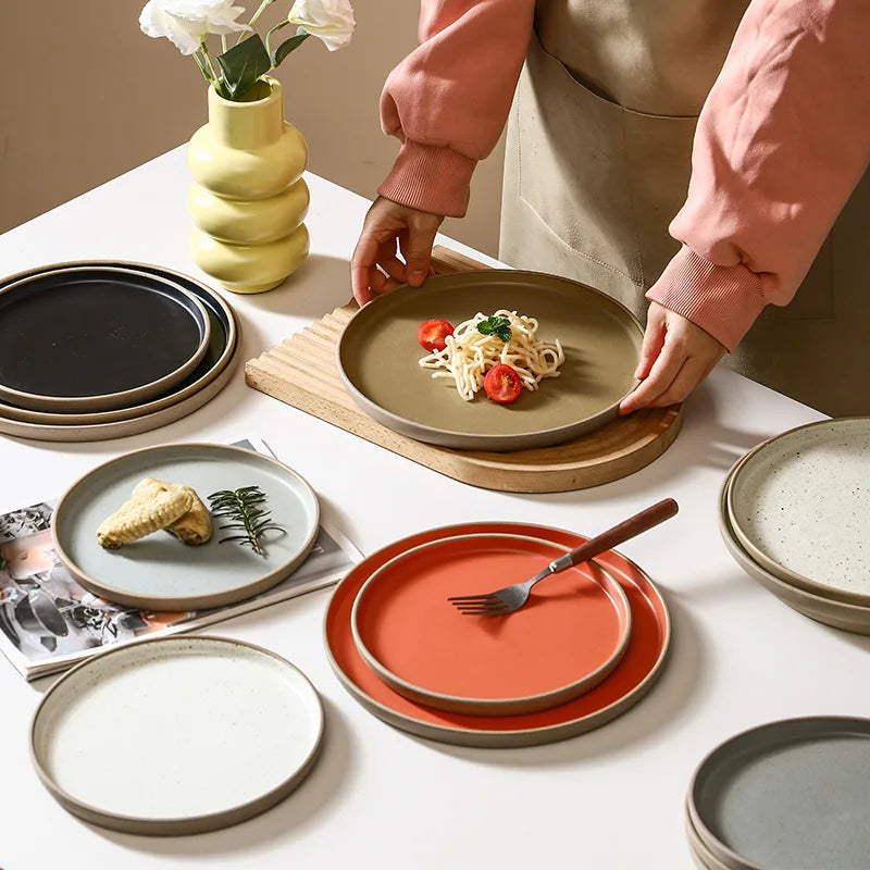 Hand-Painted Ceramic Western Steak Plate Multi Colors Restaurant Stoneware Dinner Plates Porcelain Flat Matte Salad Plate