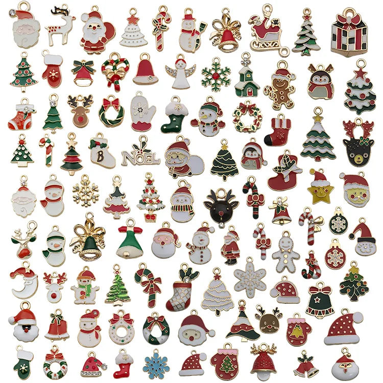 96 PCS Enamel Christmas Bells Stocking Tree Deer Santa Claus Snowman Candy Cane Pendants Charms Accessories for Jewelry Making