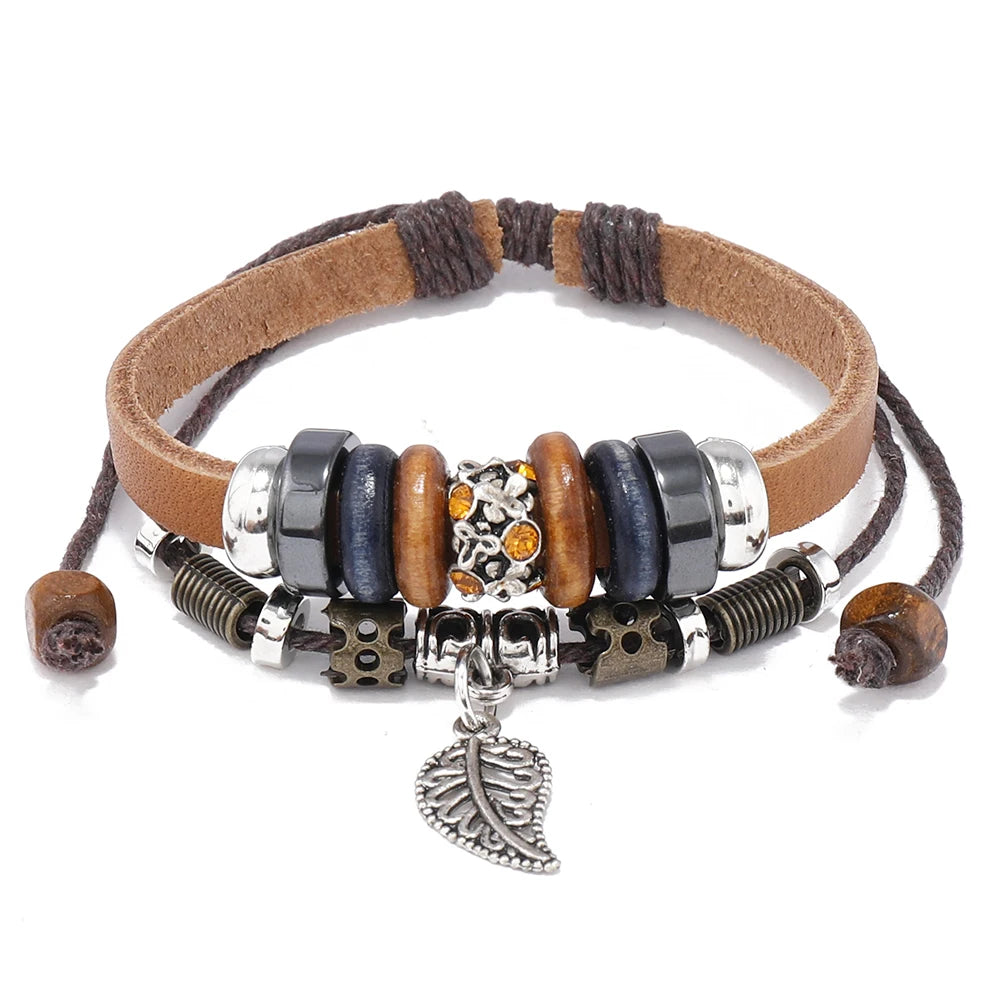 Wholesale Fashion Jewelry Charm Leaf Pendant Women Bracelet Personality Leather Bracelets for Women and Men