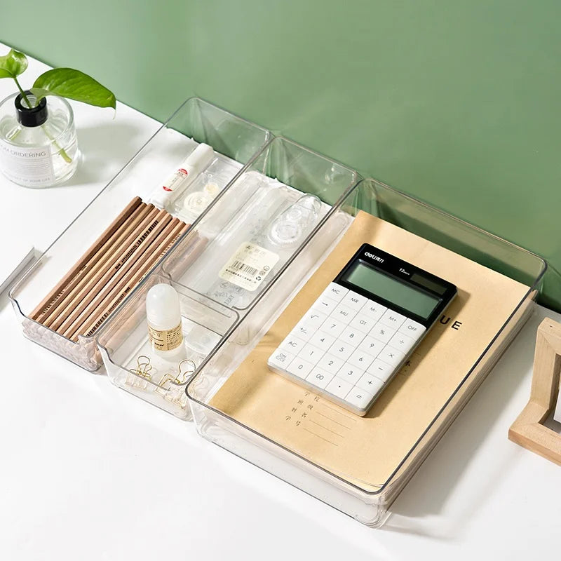 Clear Rectangle PET Acrylic Stackable Injection-Molded Modern Houseware Makeup Organizer Tray Drawer Desk Set