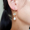 EC1759 Unique Simple Ladies 18k Gold Plated CZ Micro Pave Fish Freshwater Baroque Pearl Drop Charm Huggies Hoops Earrings