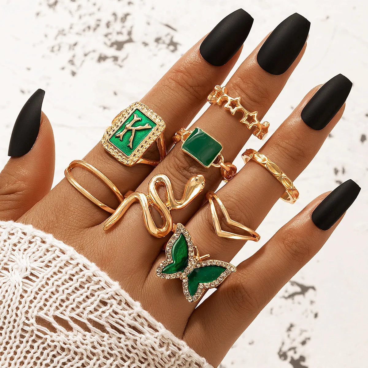 Gold Green K Letter Snake Butterfly Pentagram Set of 8 Women's Rings