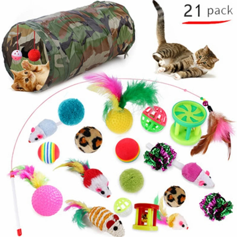 Interactive Cat Kitten Toy Set Tunnel Cat Feather Teaser Wand Toy Fluffy Mouse Crinkle Balls Mouse House Cat Toy