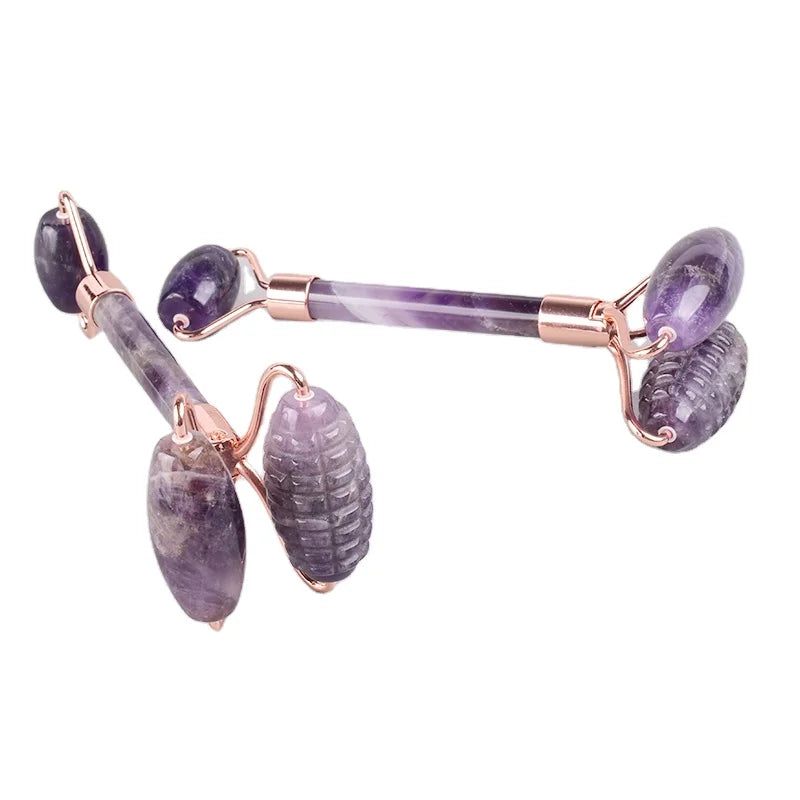 DIY Hot Selling Golden Bracket Natural Rose Quartz/Amethyst Sawtooth Spiky Double Big Head Facial Jade Roller Skin