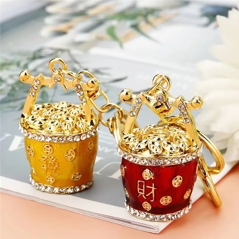 Lucky Bucket Car Key Chain Women's Creative Diamond-encrusted Cornucopia Bag Pendant Metal Key Chain Ring Gift