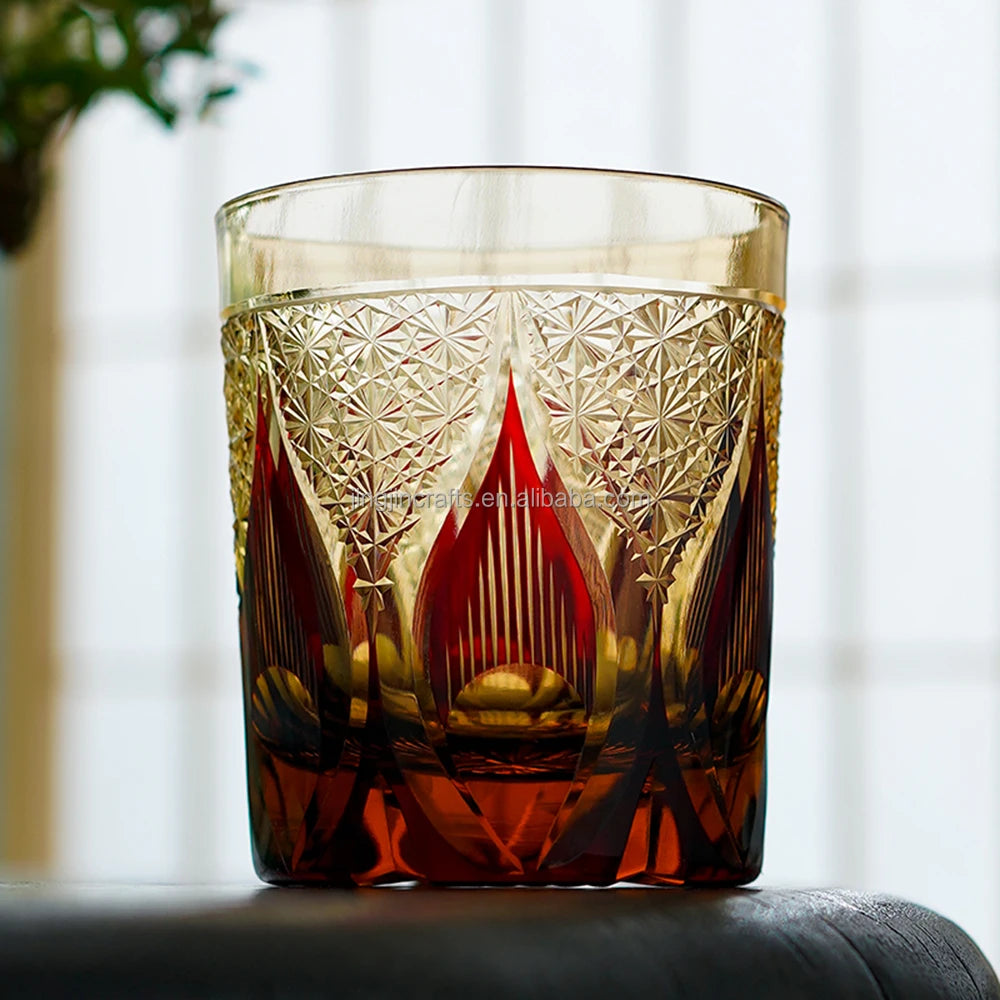 Luxury Handblown Color Cased Glass Old Fashioned Glasses Whisky Bourbon Cup Engraved Edo Kiriko Japanese Glass for Cocktail