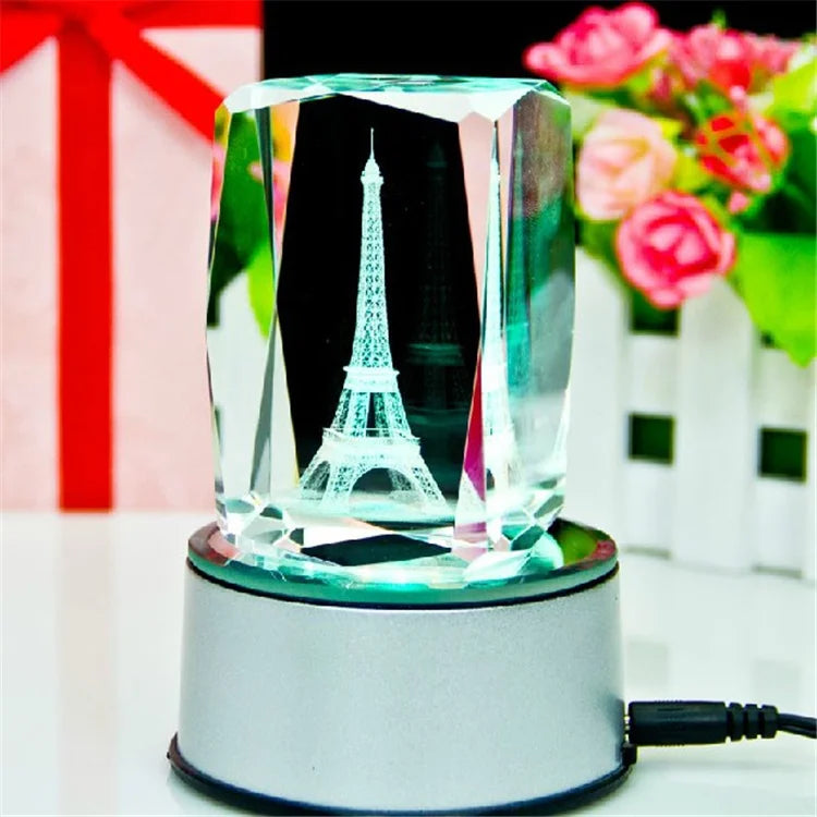 Paris Eiffel Tower 3D Laser Engraved Crystal Cube  Laser Engraving  Technique for Souvenir Gifts and Holiday Favors