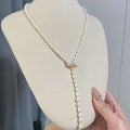 Natural Shell Inlaid Feather Buckle Fashionable Sweater Chain 5-8MM Natural Freshwater Rice Pearl Necklace 58cm Long Necklace