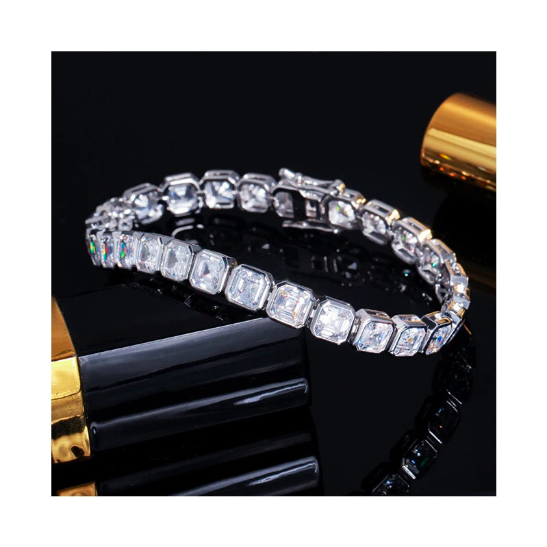 Iced Out Asscher Cut Square Cubic Zirconia Tennis Chain Jewelry Men Women White Gold Plated CZ Diamond Tennis Bracelet