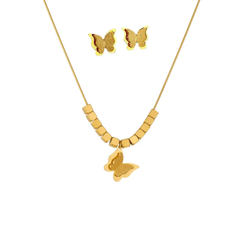 Women Fashion Tarnish Free 18k Gold Plated Butterfly Necklace Earrings Set Jewelry 316L Stainless Steel 2 Pcs Jewelry Set