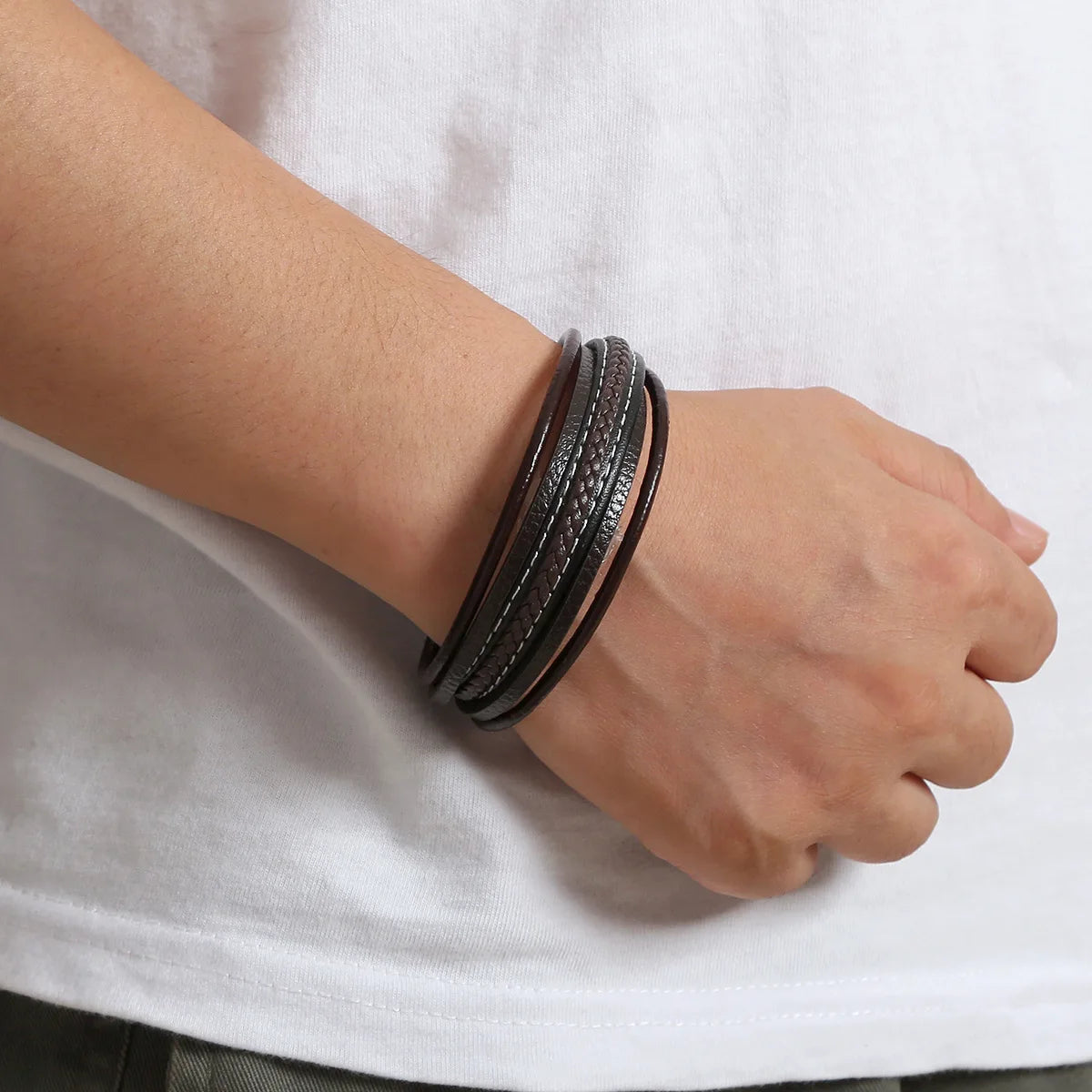 Trendy Genuine Leather Charm Bracelets for Men Classic Geometric Multilayer Braided Rope