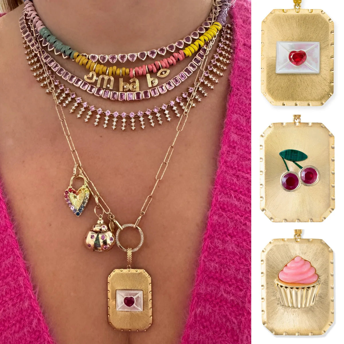 Diy Necklace Geometric Square Stainless Steel Pendant Cute Cherry Cake Envelope Earth Heart Butterfly Pendant for Jewelry Making