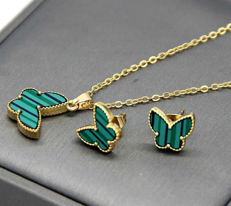 Hot Selling Gold Plated Striped Malachite Green Enamel Stud Earrings Double Sided Butterfly Design for Weddings & Parties