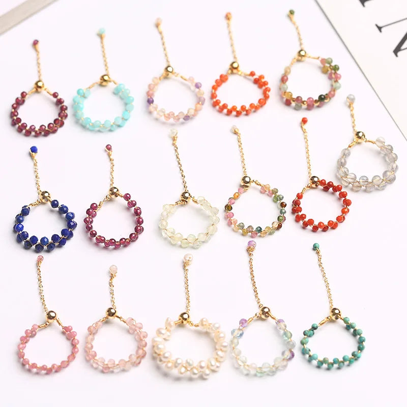 Natural Gemstone Loose Round Bead Faceted Bead Ring Wedding Adjustable Size Tourmaline Pearl Women Jewelry Rings